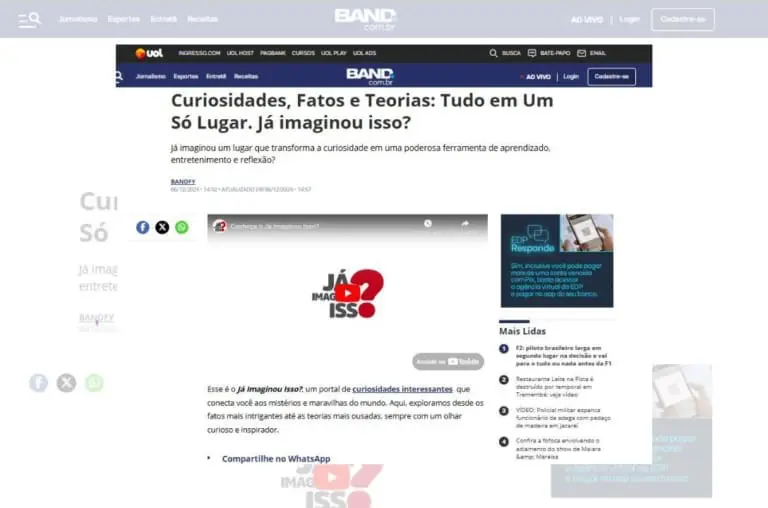 Já Imaginou Isso? é destaque no portal Band.uol.com.br