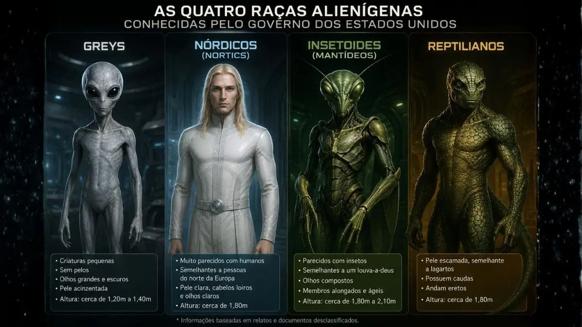 Cientistas ligados à CIA e ao Pentágono citam “quatro raças alienígenas” As quatro raças alienígenas mencionadas em relatos ligados à ufologia fazem parte de um imaginário que mistura depoimentos, cultura popular, investigações independentes e teorias ainda sem confirmação oficial
