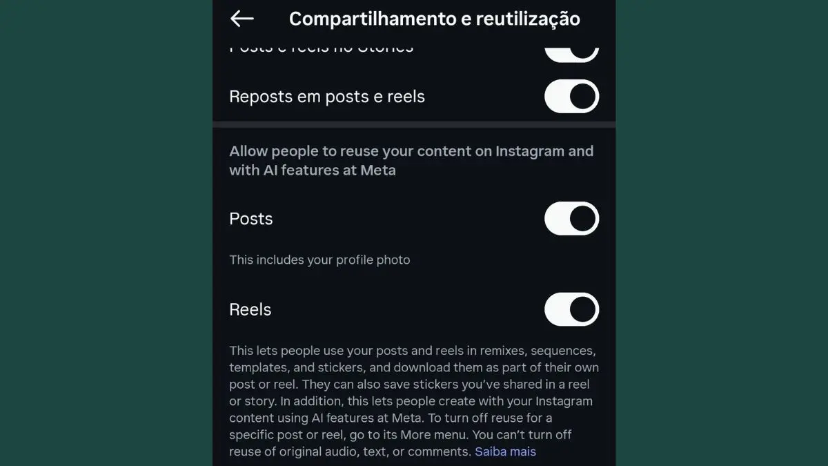 Dentro desse menu, deve aparecer uma se&ccedil;&atilde;o relacionada a permitir que outras pessoas usem seu conte&uacute;do no Instagram e com recursos de IA da Meta