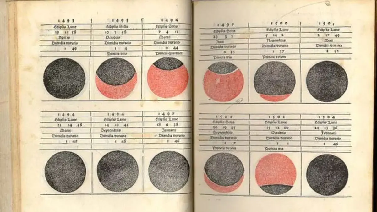 Estas duas páginas do almanaque Regiomontano descrevem os eclipses do Sol e da Lua. No canto inferior direito está marcado o eclipse lunar de 29 de fevereiro de 1504