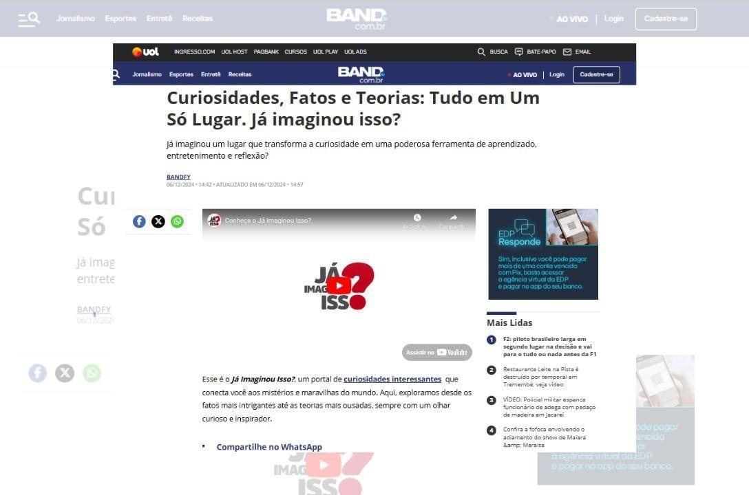 Já Imaginou Isso? é destaque no portal Band.uol.com.br
