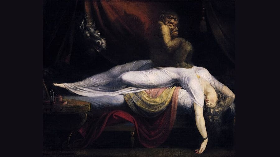 O pesadelo, por Henry Fuseli (1781), uma das representa&ccedil;&otilde;es da paralisia do sono na cultura popular