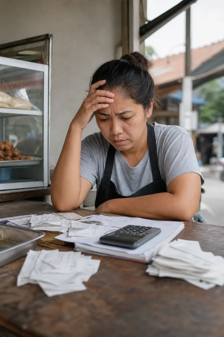 Barraca simples com contas e calculadora, sugerindo aperto financeiro do MEI.