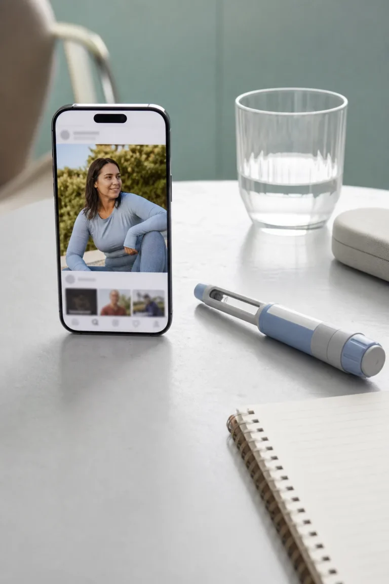 Celular e caneta de medicamento em ambiente clínico