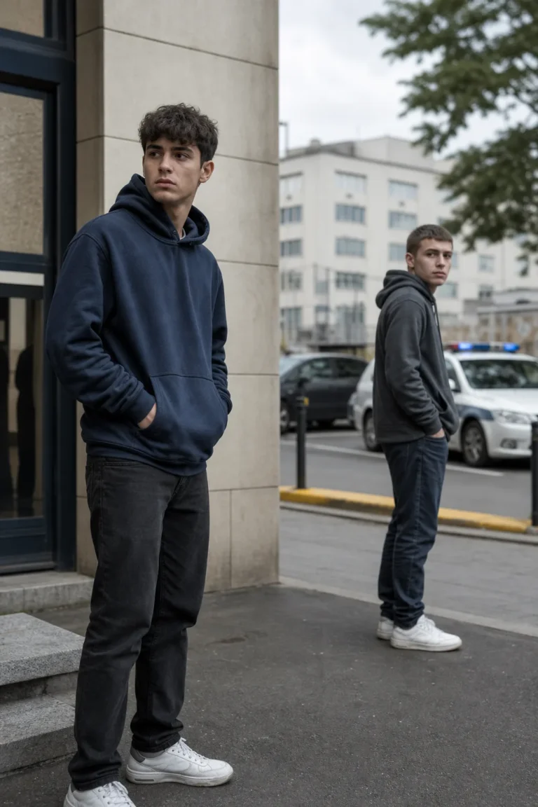 Dois adolescentes em um cenário urbano, com clima de tensão e Justiça