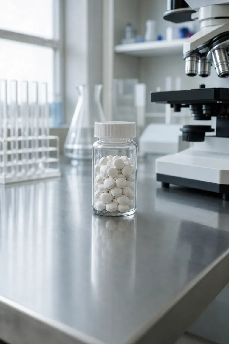 Frasco de comprimidos em bancada de laboratório