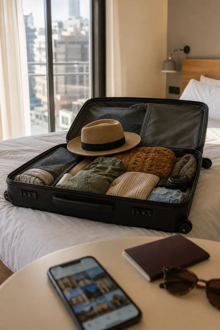 Mala de viagem, celular e passaporte em um quarto de hotel