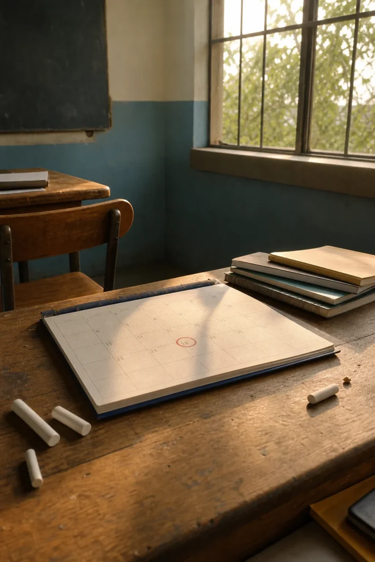 Mesa de sala de aula com calendário aberto em 15 de outubro